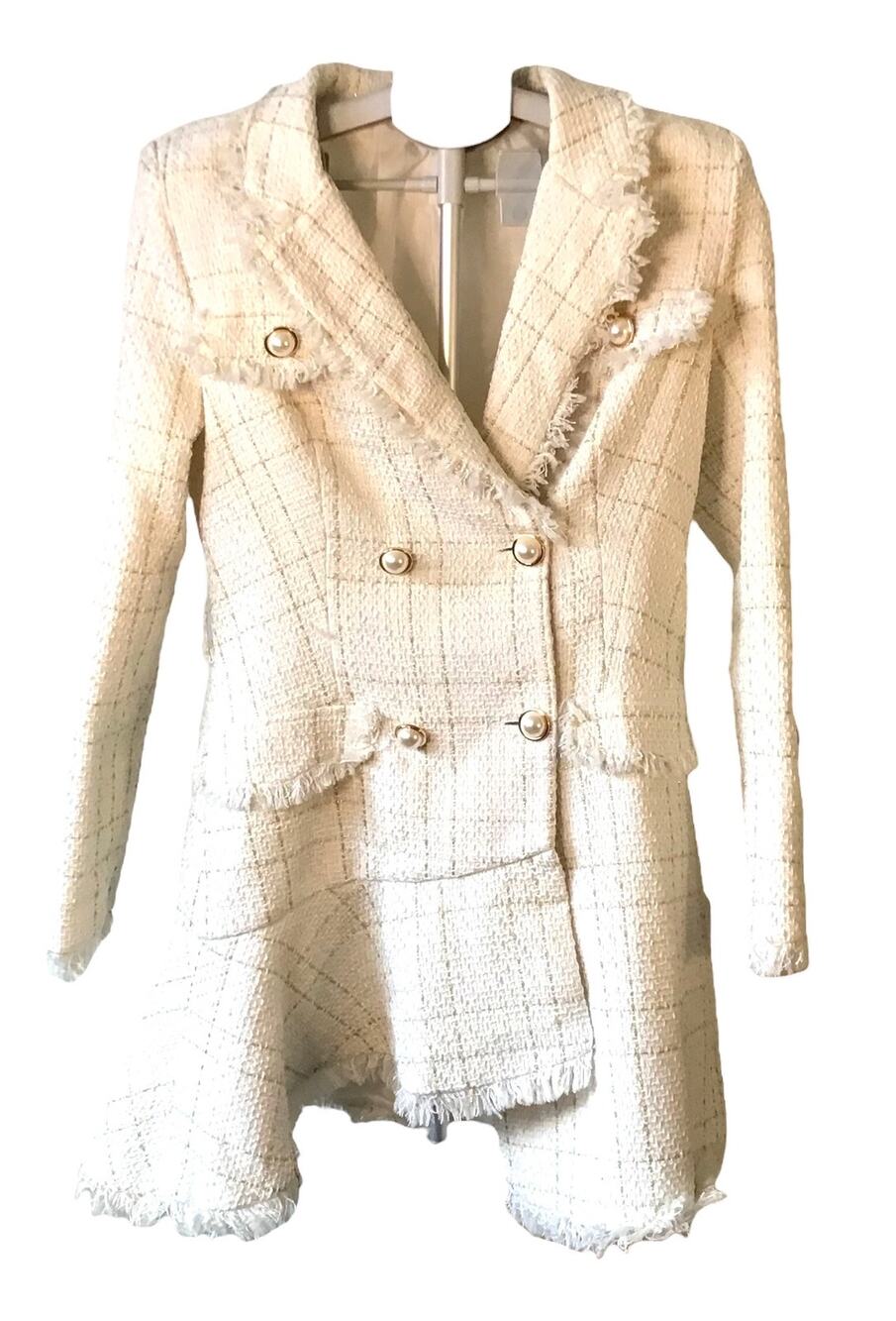 Fashion Nova Ivory Gold Tweed Double Breasted Jacket Women’s SZ L